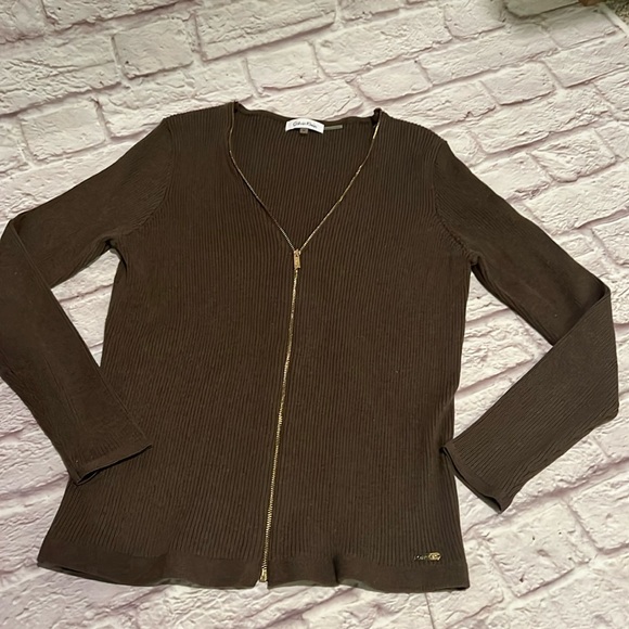 Calvin Klein brown ribbed sweater gold zipper - Picture 2 of 6